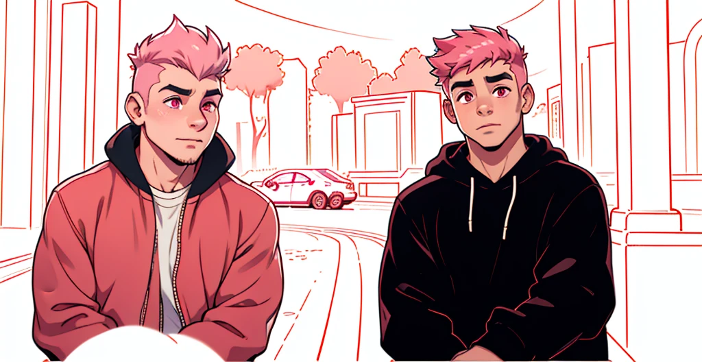 two boys with pink hair, pink eyes, they are 18 years old, in the background you can see the avenue with vehicles passing by.