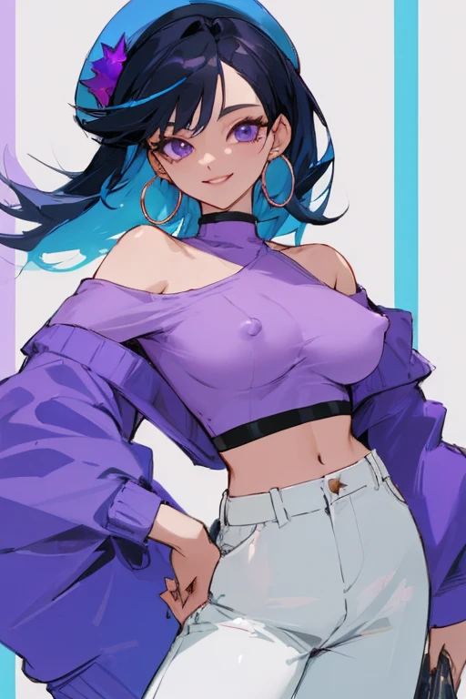 ((Highest quality)), ((masterpiece)), (be familiar with),woman, Black Hair, Blue Hair, Two-tone hair, hat, Purple Shirt,Crop top, Off the shoulder, White pants, Hoop Earrings, smile,Erect nipples
