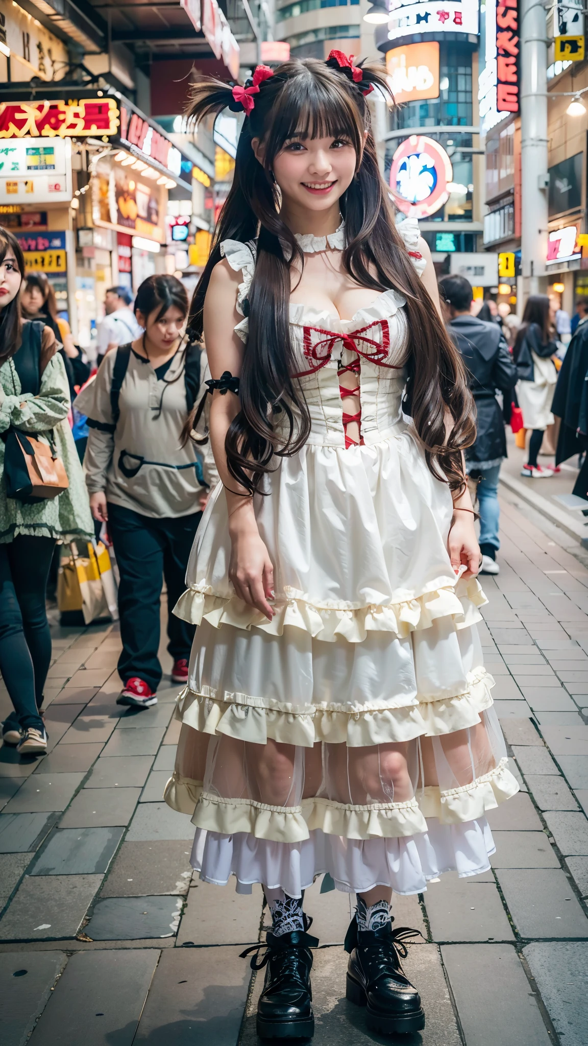 Top quality, 1 beautiful woman, Big Laugh, (Absurdly Long Hair:1.3), ((Twintails)), wearing gothic lolita costume, Massive Breasts, 50mm lens, f/1, at Walking in Akihabara