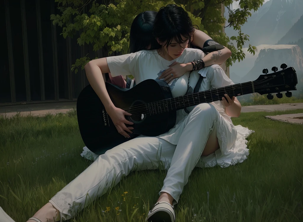 A couple sitting on the grass, man playing guitar, woman hugging him from behind, both wearing white, detailed realistic photo, cinematic lighting, beautiful natural scenery, golden hour, highly detailed