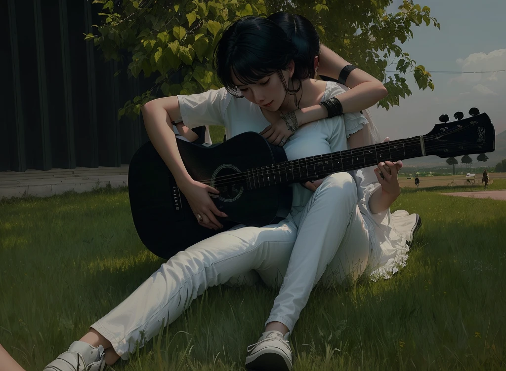 A couple sitting on the grass, man playing guitar, woman hugging him from behind, both wearing white, detailed realistic photo, cinematic lighting, beautiful natural scenery, golden hour, highly detailed