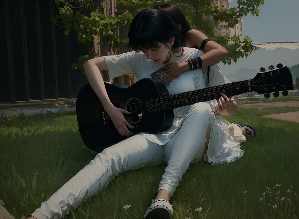 A couple sitting on the grass, man playing guitar, woman hugging him from behind, both wearing white, detailed realistic photo, cinematic lighting, beautiful natural scenery, golden hour, highly detailed