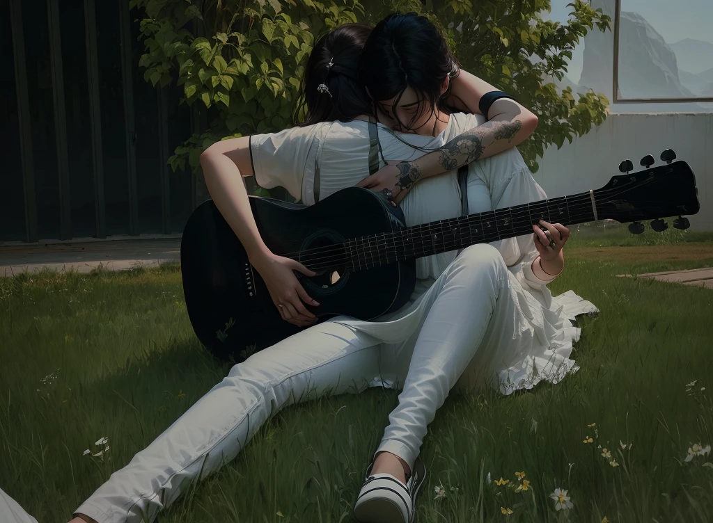 A couple sitting on the grass, man playing guitar, woman hugging him from behind, both wearing white, detailed realistic photo, cinematic lighting, beautiful natural scenery, golden hour, highly detailed
