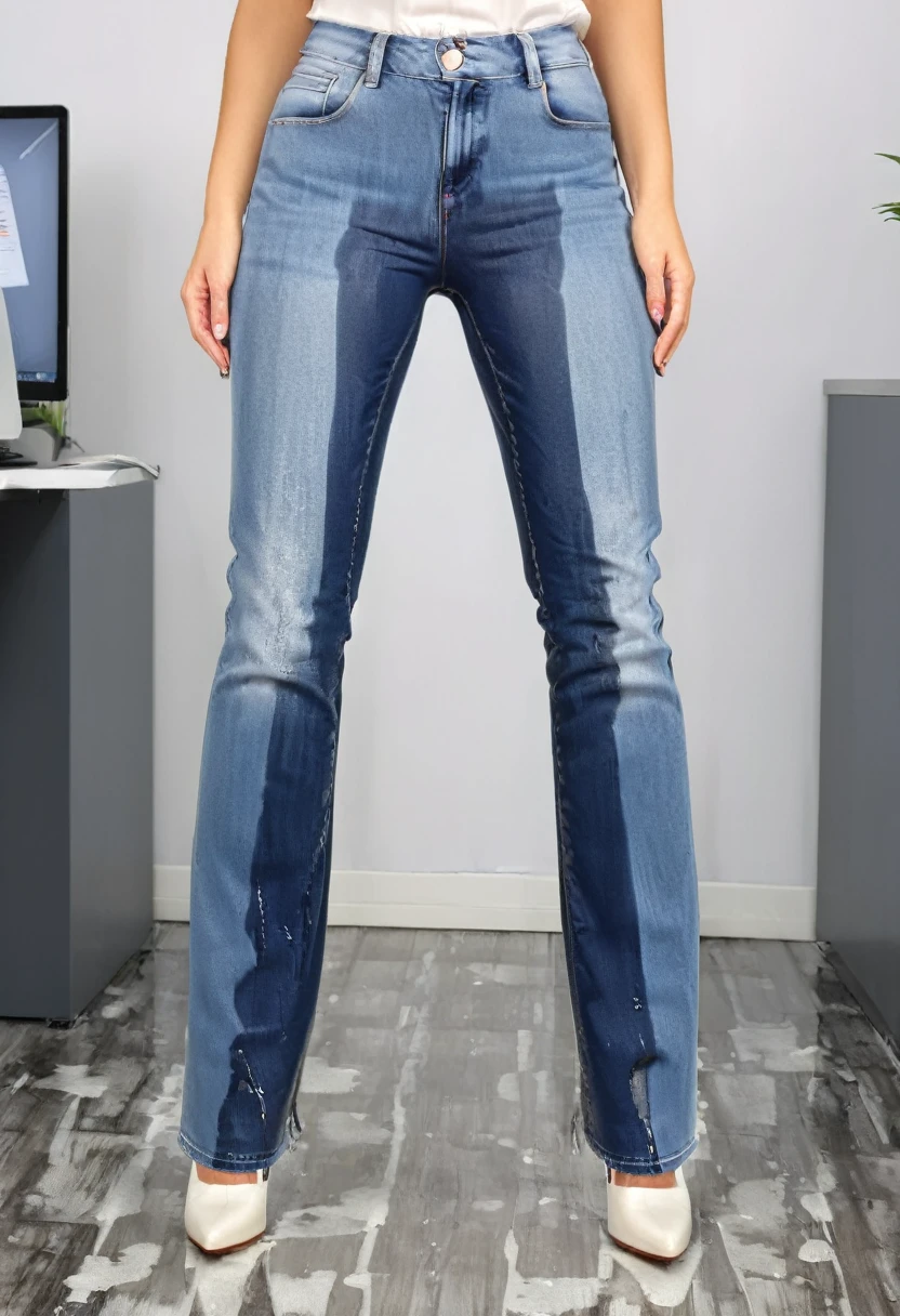 attractive blonde woman wearing flared leg jeans, platform pumps, white blouse, standing in an office,  wetting, big smile, pee stains are gleaming wet, jeans soaked with pee, full view