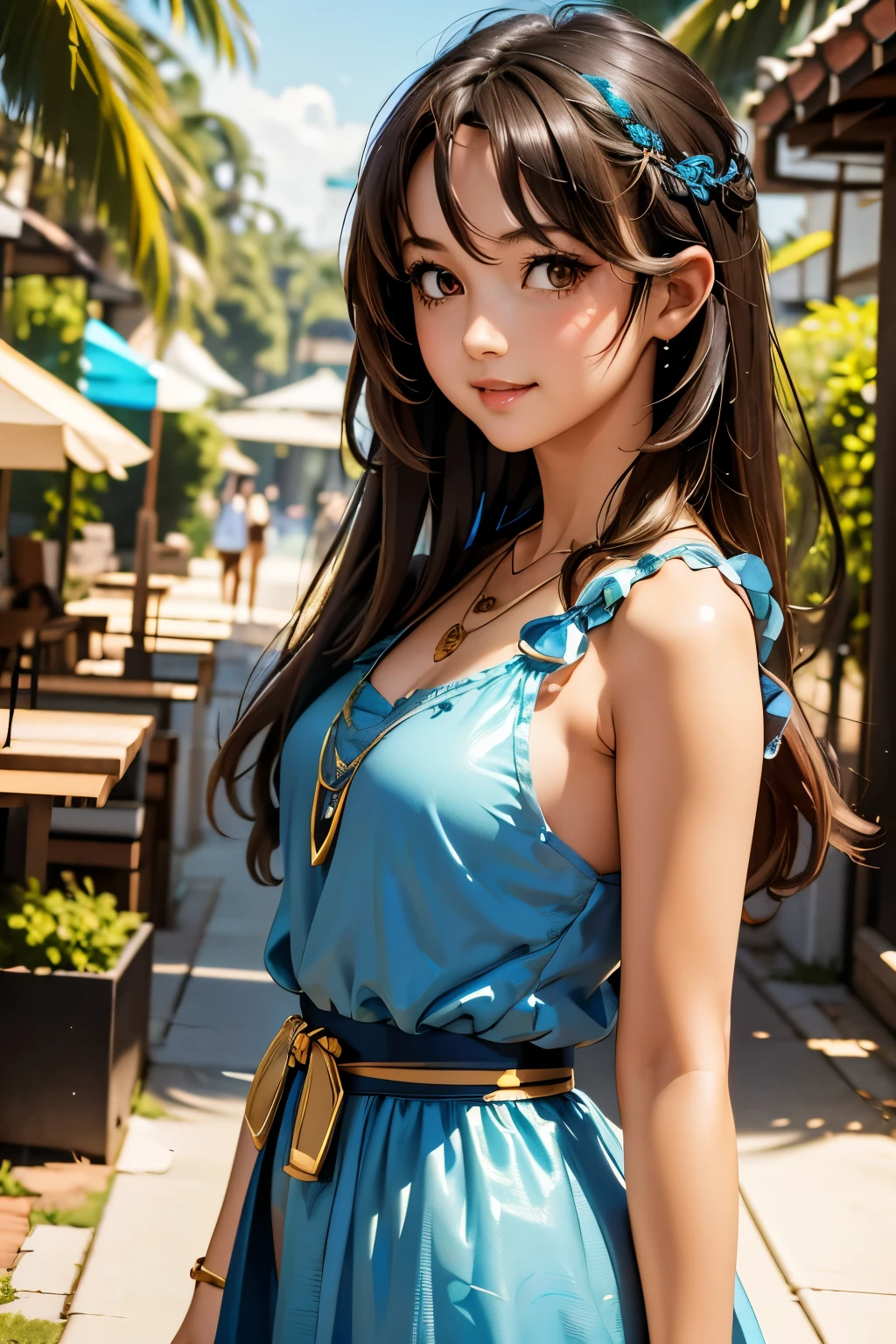 24-year-old woman、Side braids((side braid))、Indigo Hair、Mini summer dress、High heels、Order a Caramel Frappuccino at Starbucks、Drink through a straw、smile