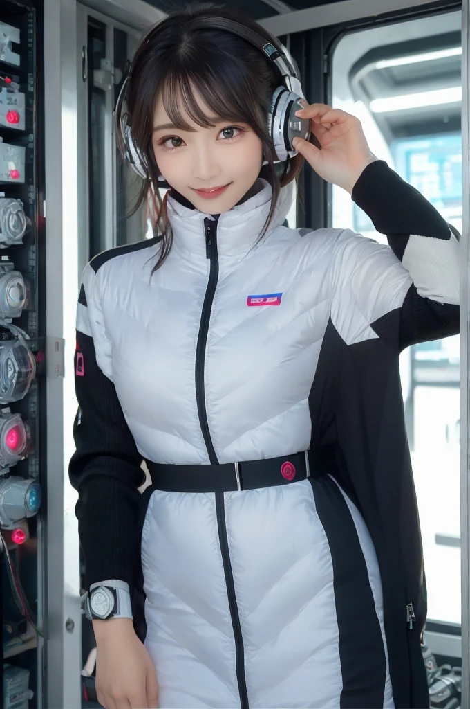 masterpiece, Highest quality, Very detailed, 8K Portrait,Japanese Android Girl,plump , Control panel,Robotic arms and legs, Blunt bangs,,break (Metallic Gray, Metallic luster, Mirror finish, Astro Best):5,headphone:5,break (Black sleeves):100,Smart Watches,Futuristic space station,Control Room,break headphone,blue eyes,(Black Hair):2,(Long Hair):1.3,Displaying the viewer,(respirator),break blush:3,Hidden Hand,smile