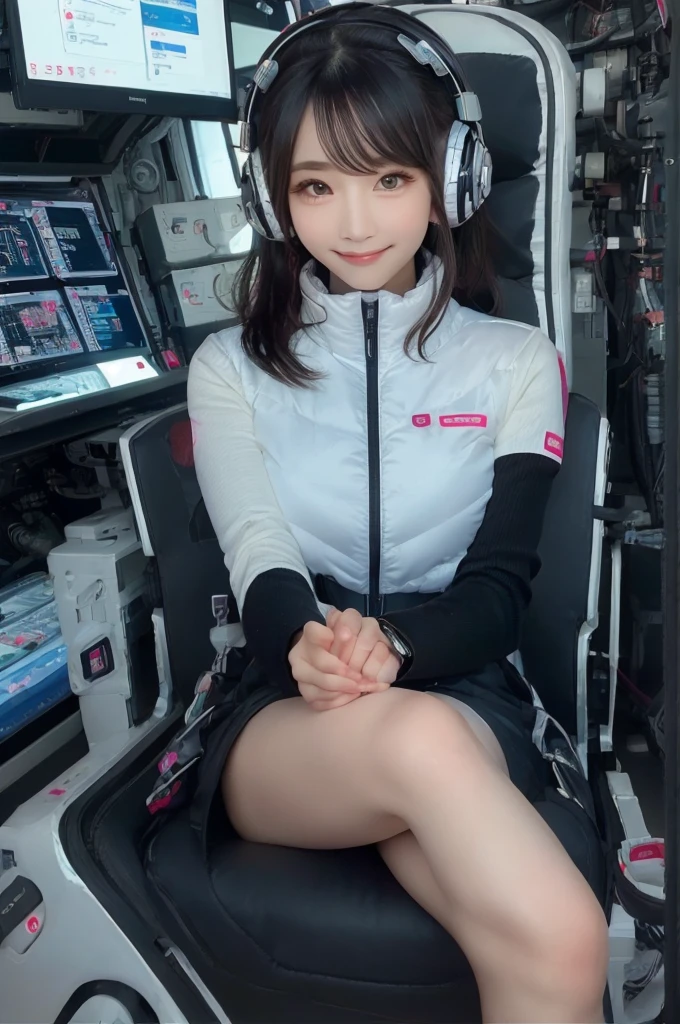 masterpiece, Highest quality, Very detailed, 8K Portrait,Japanese Android Girl,plump , Control panel,Robotic arms and legs, Blunt bangs,,break (Metallic Gray, Metallic luster, Mirror finish, Astro Best):5,headphone:5,break (Black sleeves):100,Smart Watches,Futuristic space station,Control Room,break headphone,blue eyes,(Black Hair):2,(Long Hair):1.3,Displaying the viewer,(respirator),break blush:3,Hidden Hand,smile