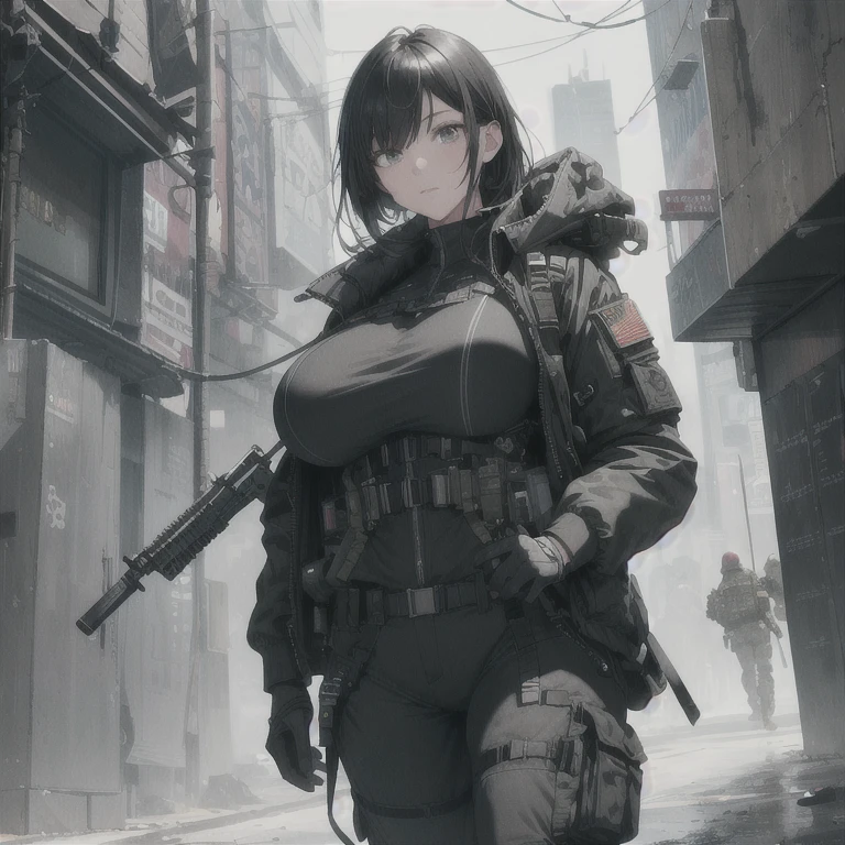 Absurd resolution, high resolution, (masterpiece: 1.4), hyper-detail, 1 woman, black hair, extremely large bust, huge breasts, fullbody covering pilot suit, techwear jacket