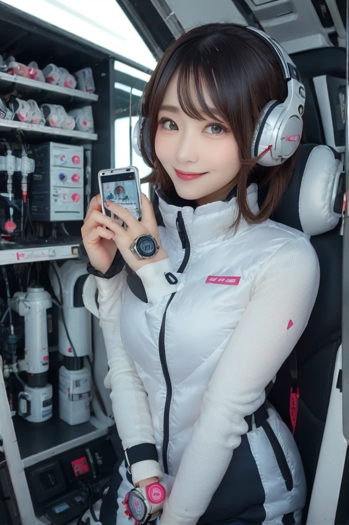 masterpiece, Highest quality, Very detailed, 8K Portrait,Japanese Android Girl,plump , Control panel,Robotic arms and legs, Blunt bangs,,break (Metallic Gray, Metallic luster, Mirror finish, Astro Best):5,headphone:5,break (Black sleeves):100,Smart Watches,Futuristic space station,Control Room,break headphone,blue eyes,(Black Hair):2,(Long Hair):1.3,Displaying the viewer,(respirator),break blush:3,Hidden Hand,smile