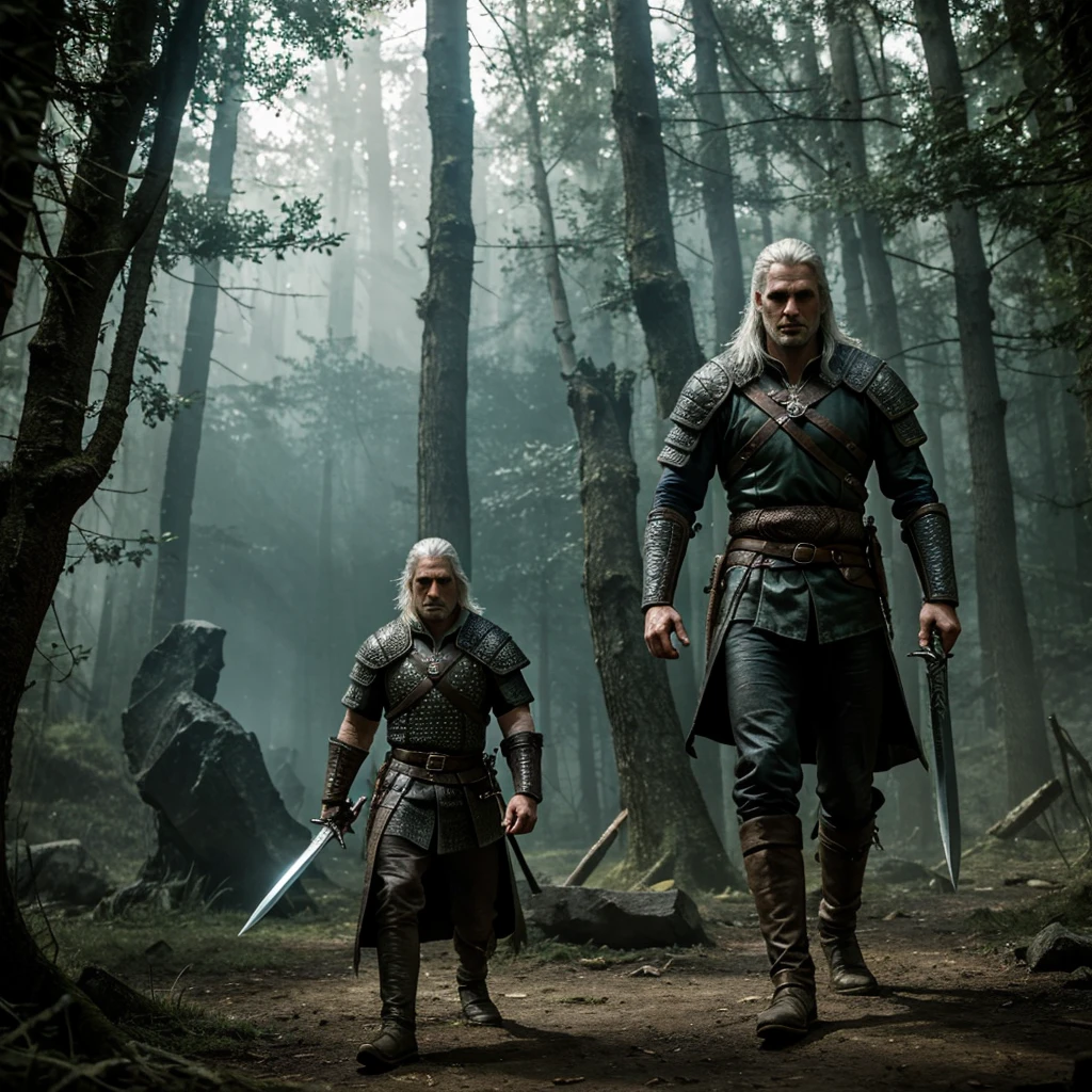 "Imagine the scene, where Geralt of Rivia finds himself in the heat of battle with monsters or enemies. Describe him with a sword in his hand, ready to fight, focused and lively. Include environmental details - maybe an enchanted forest, ruined castle or other fantasy location. It is important to convey the tension and atmosphere of battle in the image."