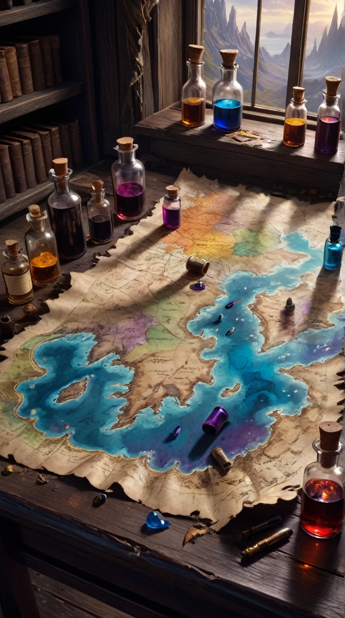 a magical map leading to a mysterious land, torn and worn, sitting on a wizard's desk, spilled multicolored ink, bottles,flasks, high quality, imagination, 8k, fantasy art