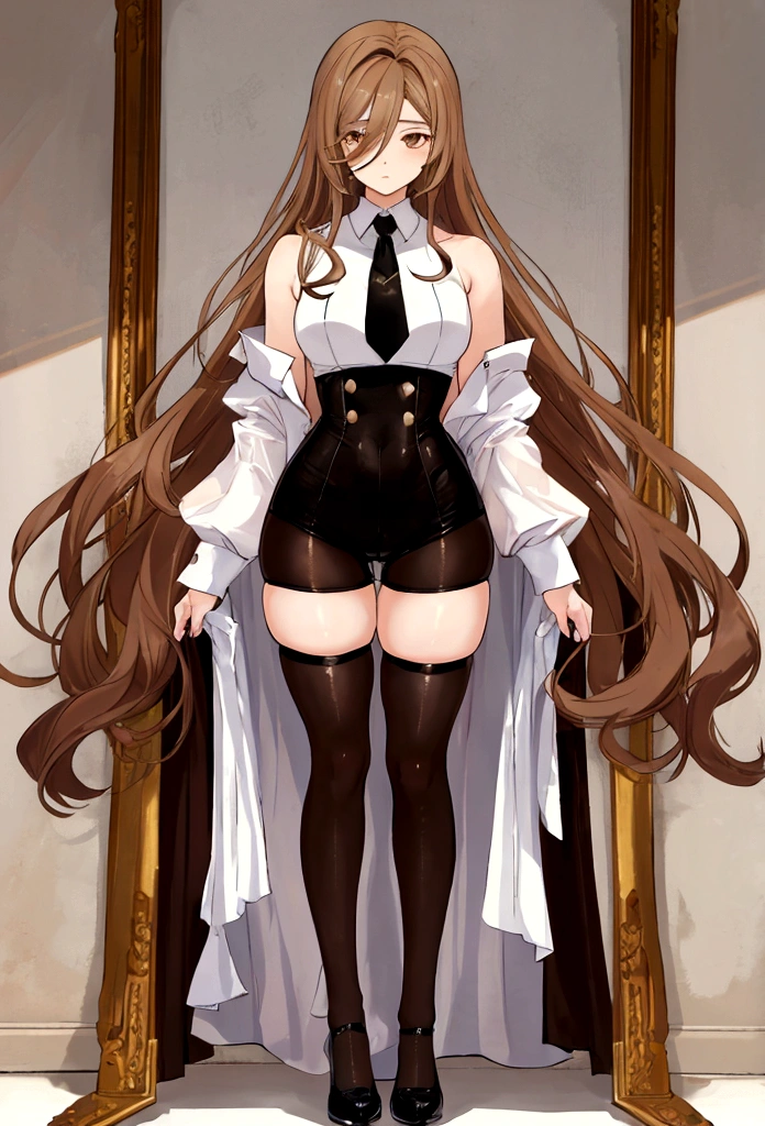femboy, 23 years old, he has long and light brown hair, which frames his androgynous face. His large, brown eyes are warm and expressive. His slim figure stands out for his thick and well-turned legs, which he enhances with short skirts, tight shorts and high stockings. His style merges masculine and feminine elements, full body, anime style