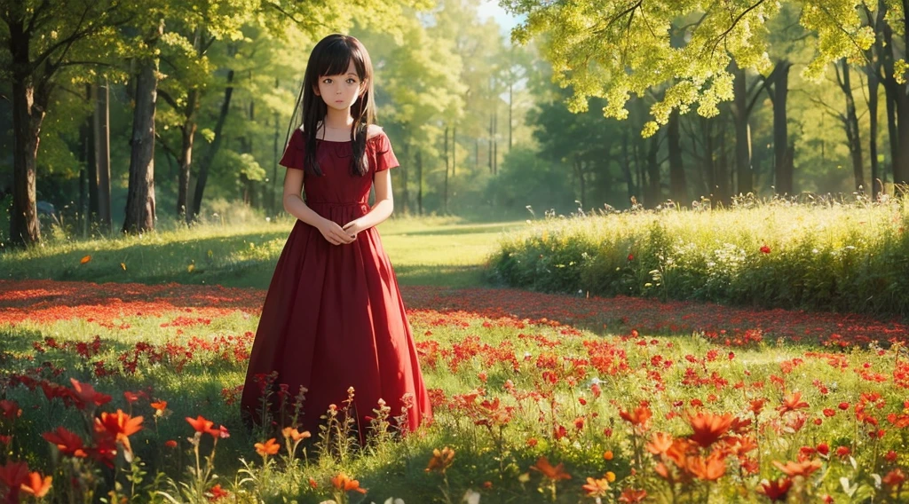 Wearing a red dress, Standing in the grassland with flowers blooming, Her expression has a sense of innocence and mystery., Warm golden sunlight, A dreamy, whimsical atmosphere with soft pastel colors and a slightly blurred effect
