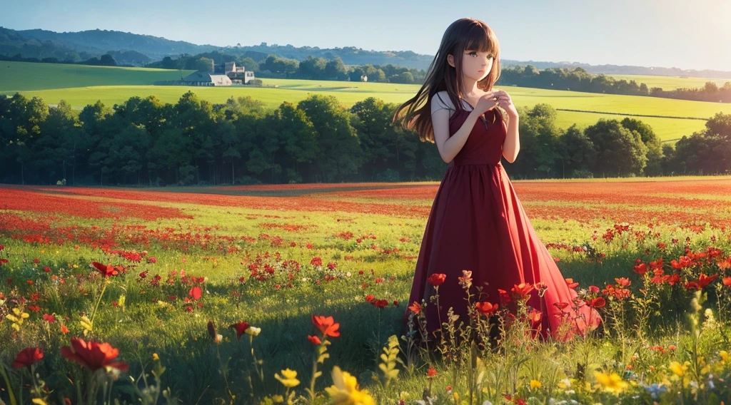 Wearing a red dress, Standing in the grassland with flowers blooming, Her expression has a sense of innocence and mystery., Warm golden sunlight, A dreamy, whimsical atmosphere with soft pastel colors and a slightly blurred effect