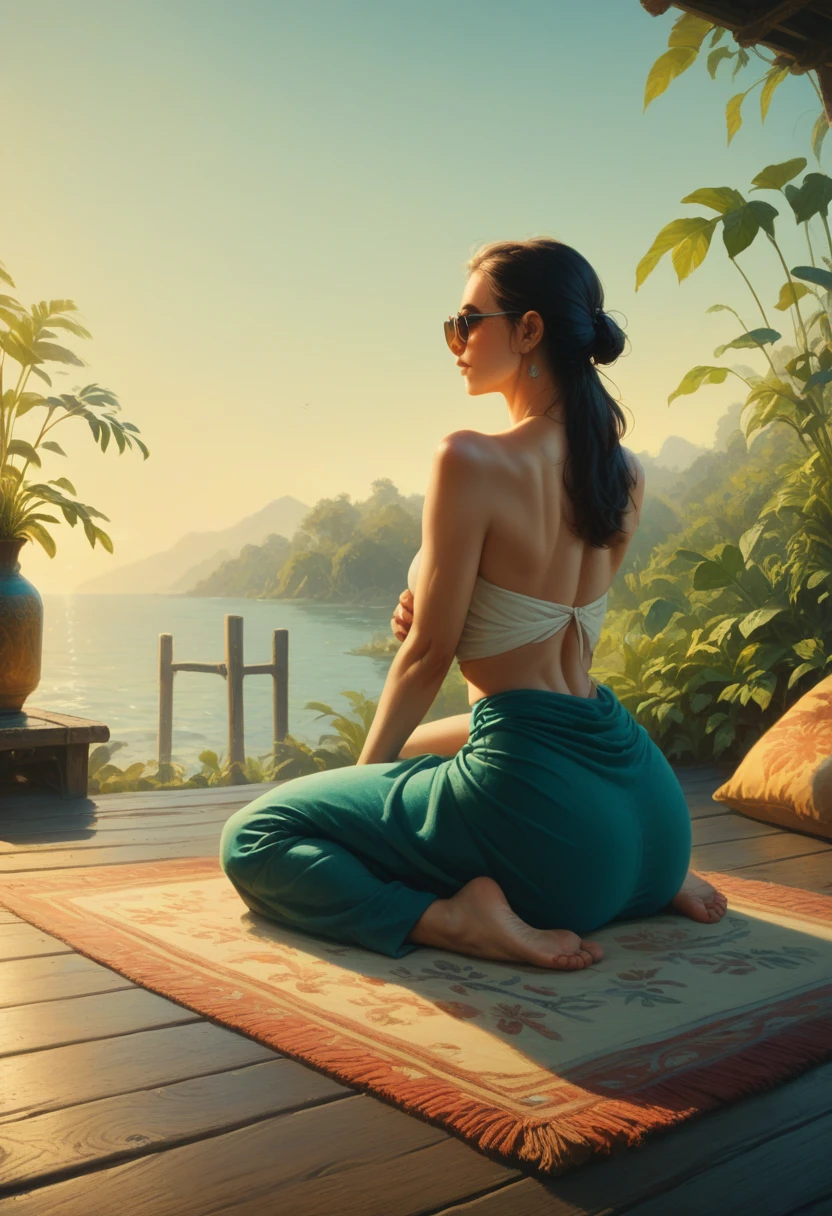 A woman filmed with her back facing the sunrise in a meditative position with nature and a calm lake around her, the woman is sitting on a rug and a cushion on a wooden pier, a color palette s]in shades of blue and yellow.. ultra realistic image,