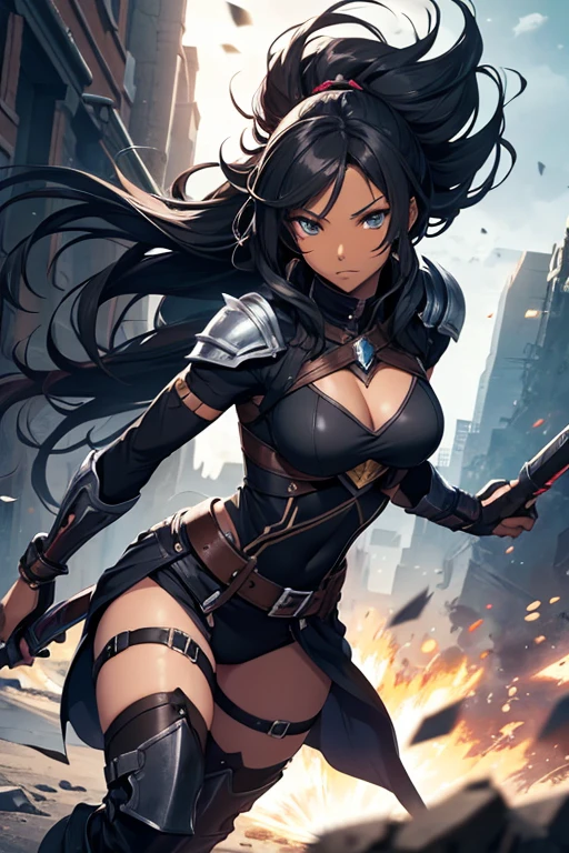 A fierce D&D centaur woman with big boobs stands ready for battle, her long black hair flowing behind her as she charges forward. Her colorful eyes gleam with determination and a warrior's resolve. Clad in battle armor, she wields a weapon with skill and power, embodying the spirit of a warrior fighting for survival. The atmosphere is tense and charged with energy, as she faces the dangers of her world with unyielding strength and courage