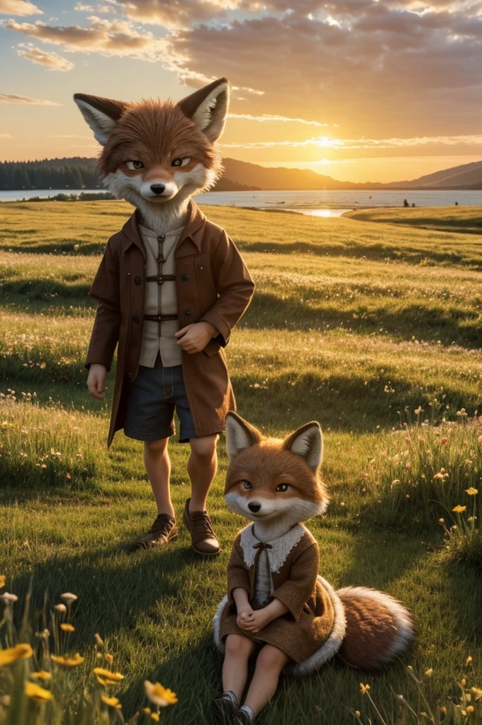 ((best quality)), ((​masterpiece)), (Detailed), An anthropomorphic little wolf boy and an anthropomorphic little fox girl sit hand in hand in a meadow by a lake and watch the sunset.