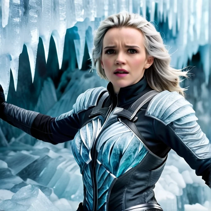 A professional visual FX shot featuring   Giant Wall of Ice - Massive Ice Barrier  Kay Panabaker - White Hair photographed posing  Slightly Twisted Torso, Hands Behind Back