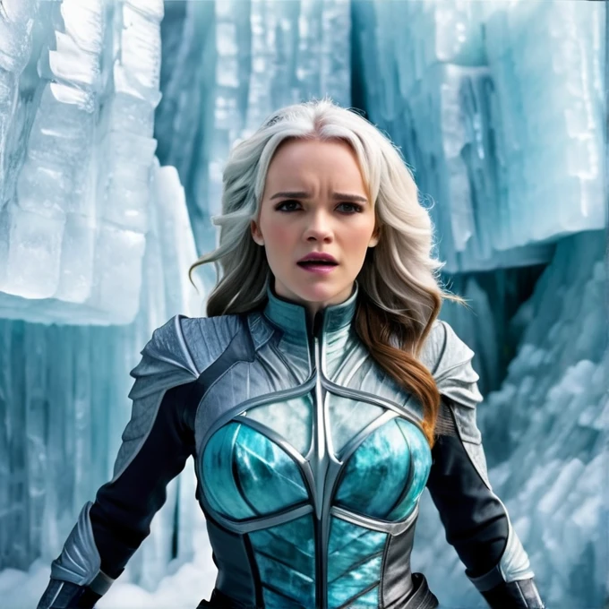 A professional visual FX shot featuring Giant Wall of Ice - Massive Ice Barrier Kay Panabaker - White Hair photographed posing Slightly Twisted Torso, Hands Behind Back