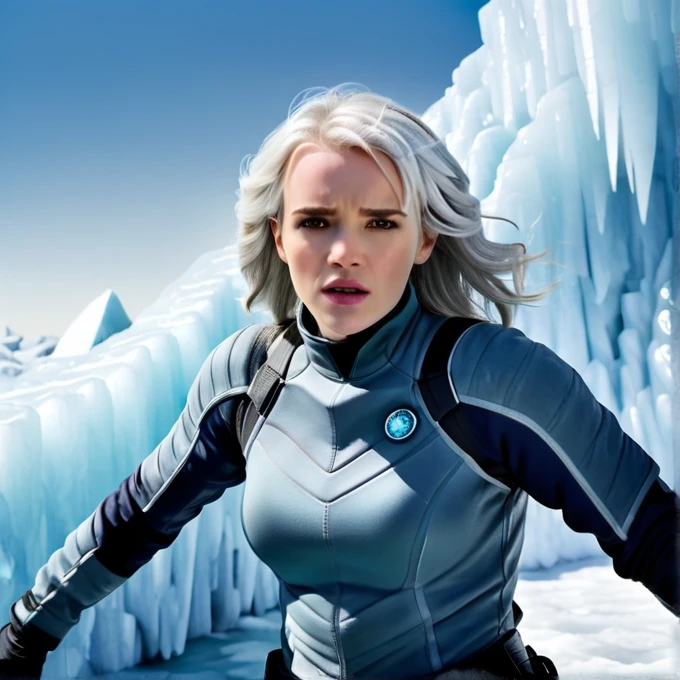 A professional visual FX shot featuring Giant Wall of Ice - Massive Ice Barrier Kay Panabaker - White Hair photographed posing Slightly Twisted Torso, Hands Behind Back