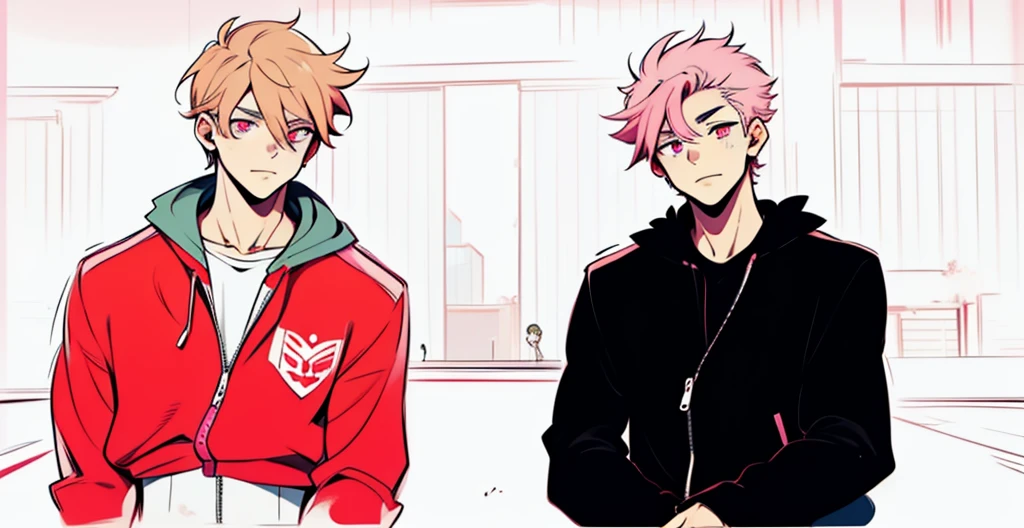 two boys with pink hair, pink eyes, they are 18 years old, in the background you can see the avenue with vehicles passing by.