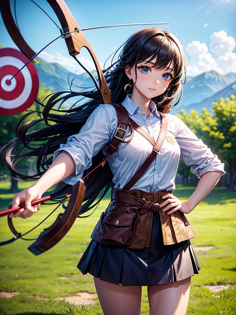 Highest quality,Highest Resolution,Beautiful girl playing archery,Shoot the target,