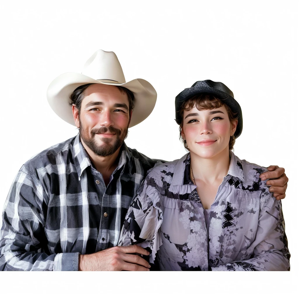 They are posing for a photo with a cowboy hat., couples portrait, portrait of two people, A Man and a Woman