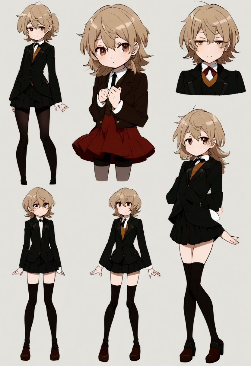 femboy, 23 years old, he has long and light brown hair, which frames his androgynous face. His large, brown eyes are warm and expressive. His slim figure stands out for his thick and well-turned legs, which he enhances with short skirts, tight shorts and high stockings. His style merges masculine and feminine elements, full body, anime style