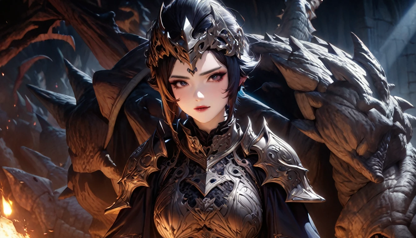 ((Highest quality)),(Ultra-high resolution),(超詳new),(Detailed Description),((The best CG)),(masterpiece),Highly detailed art,素晴らnew描写芸術,(Fantasy art with intricate detail:1.5), (1 female knight:1.6),Beautiful and well-proportioned face:1.6,Also々new:1.5,Natural Makeup:1.4,short hair:1.8,Armor with great attention to detail:1.6,Precise and detailed relief:1.7,Shining Jewel:1.5, (In the dark dungeons:1.7),((Monster Attack:1.8)),