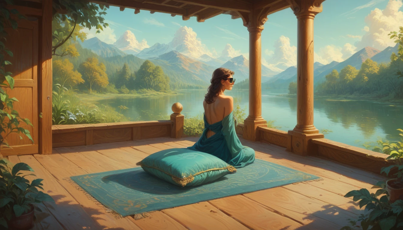 A woman filmed with her back facing the sunrise in a meditative position with nature and a calm lake around her, the woman is sitting on a rug and a cushion on a wooden pier, a color palette s]in shades of blue and yellow.. ultra realistic image,