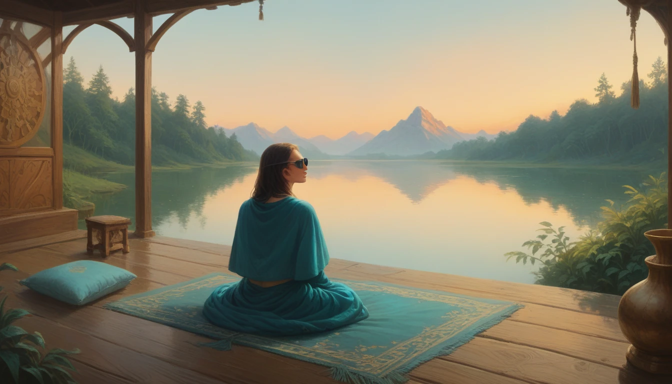 A woman filmed with her back facing the sunrise in a meditative position with nature and a calm lake around her, the woman is sitting on a rug and a cushion on a wooden pier, a color palette s]in shades of blue and yellow.. ultra realistic image,