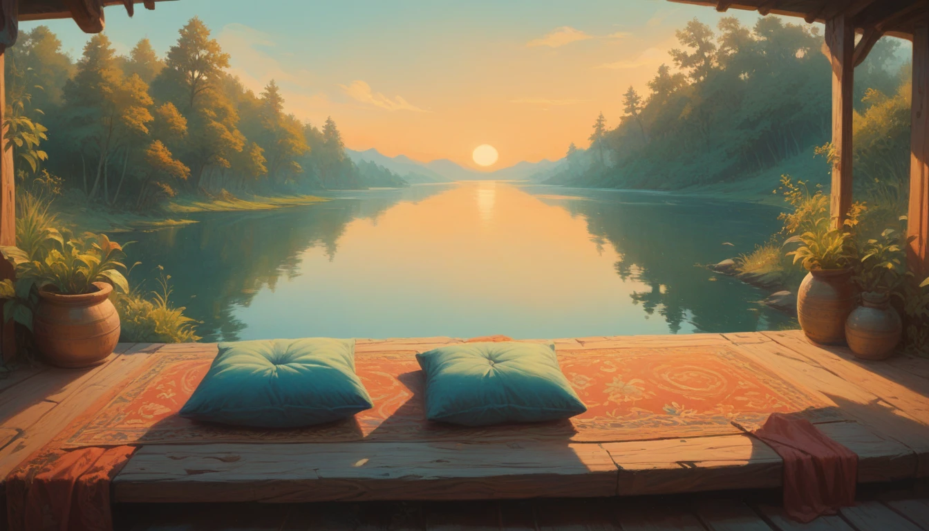 A woman filmed with her back facing the sunrise in a meditative position with nature and a calm lake around her, the woman is sitting on a rug and a cushion on a wooden pier, a color palette s]in shades of blue and yellow.. ultra realistic image,