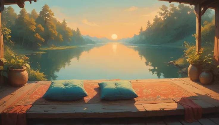 a woman filmed with her back facing the sunrise in a meditative position with nature and a calm lake around her, the woman is si...