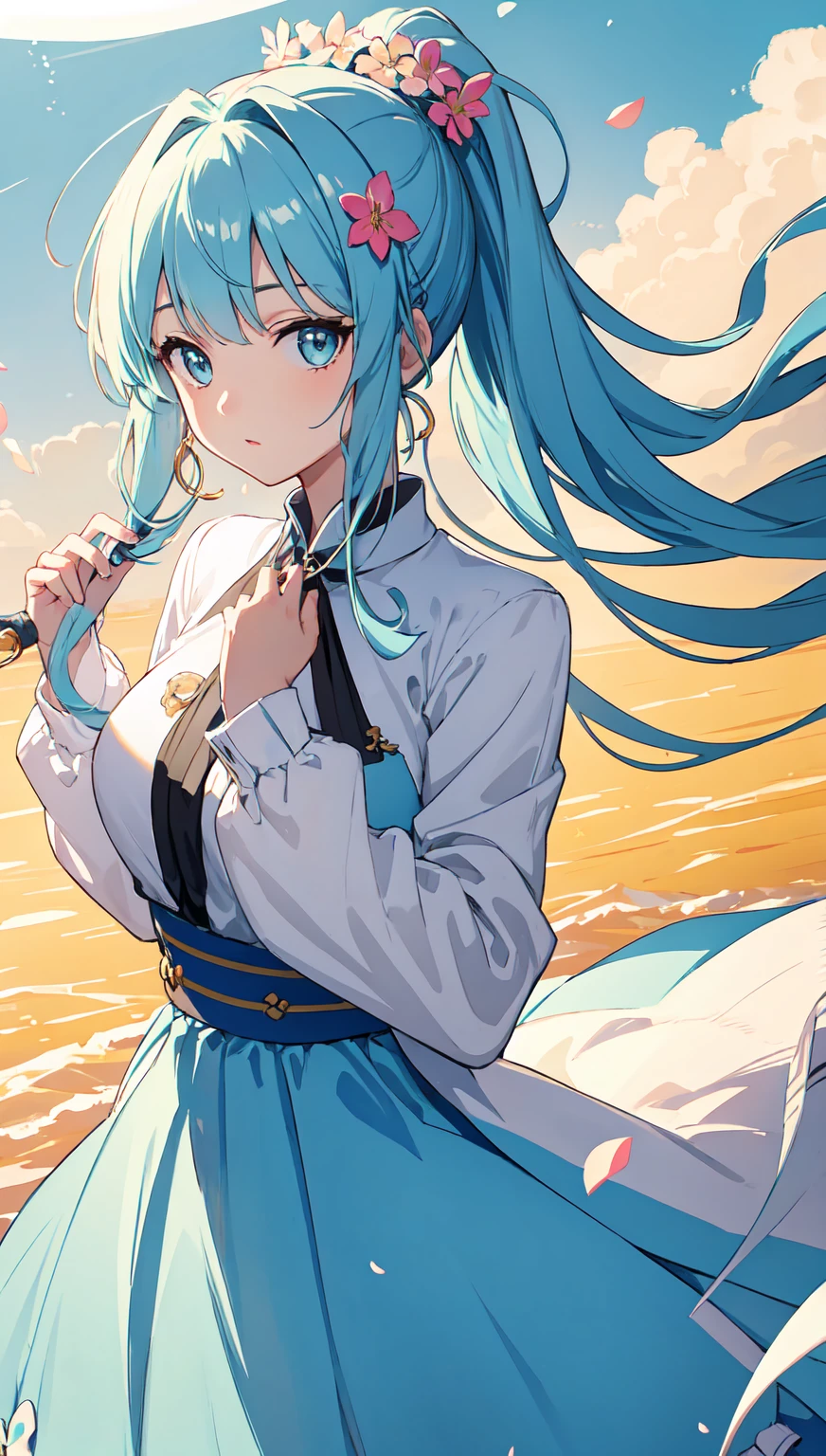 (masterpiece), (best quality), (ultra detailed),(disheveled hair),(illustration), (1girl), (Fashionable clothing), standing, Fashion model, looking at viewer, (interview), (simple background),beautiful detailed eyes, delicate beautiful face, Floating,(high saturation),(colorful splashes),colorful bubble,(shining), focus on face, ponytail, kamisato ayaka, light blue hair, bangs, hair ring, floating flowers, floating hairs, (shining), best lighting, best shadow,