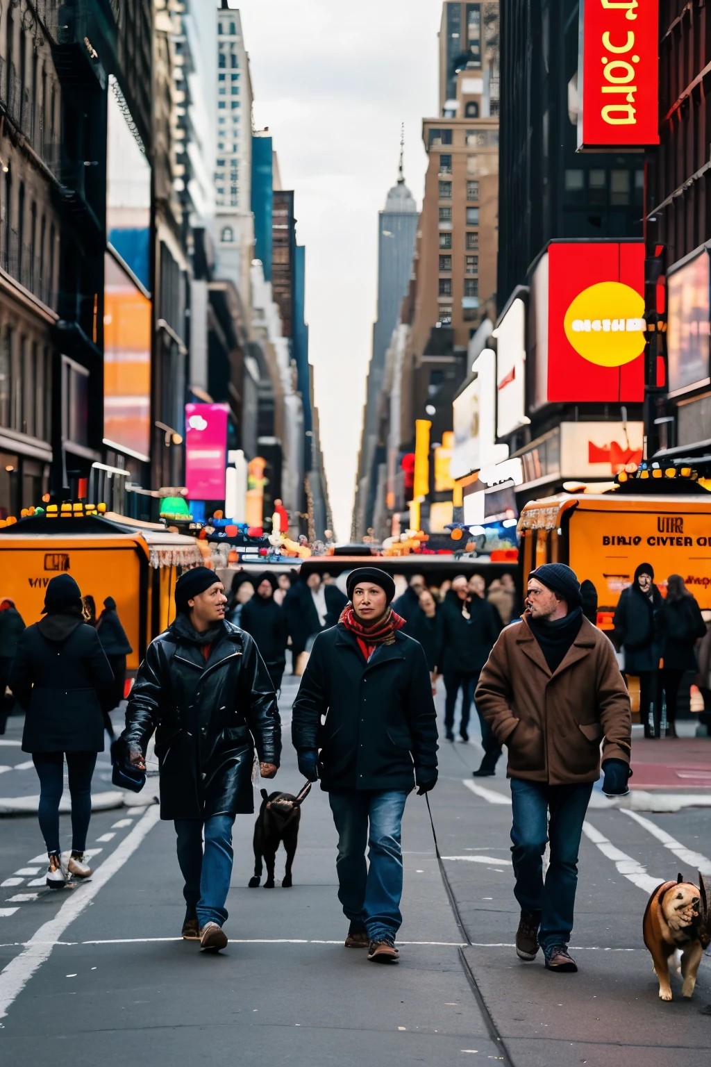 New York type street with many lights modern buildings with advertising, many people walking, walking your pets, drinking coffee, it is important to add homeless people on the streets, many vehicles and shops and an episode of violence