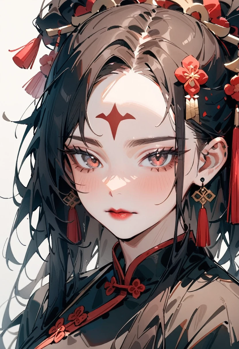 masterpiece, best quality, very aesthetic, absurdres, newest, 1girl, solo, long hair, looking at viewer, black hair, hair ornament, white background, jewelry, closed mouth, earrings, lips, facial mark, chinese clothes, tassel, portrait, forehead mark, red lips