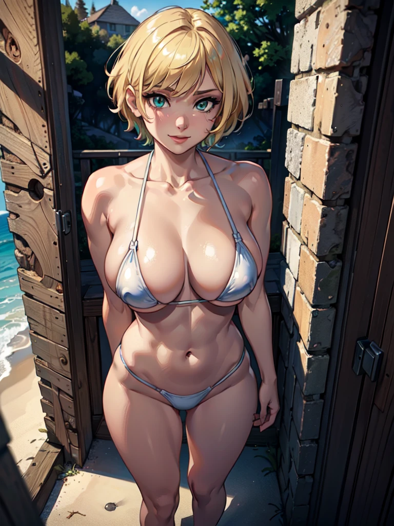 ((masterpiece)), ((Best quality)), Ultra high resolution, HDR, absurd, 8 k, (1 girl), complex parts, ultra detailed, dramatic lighting, blushing, smile, green eyes, short blond hair, short haircut, (White micro bikini), on the beach, Gorgeous girl, big breasts, split, gorgeous body, Glossy leather, bright colors, full body view, sharp focus, detailed illustration, detailed background, on open air, depth of field, shy, Female, professional artwork, get up