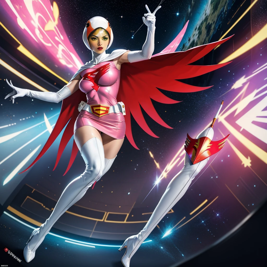 ANI_CLASSIC_jun_gatchaman_ownwaifu,1girl, 15yo,good anatomy, masterpiece, best quality,realistic, hyperrealistic, 16k hdr, long hair,breasts,green eyes,lips,large breasts,lipstick,makeup,gloves,cape,helmet,belt,elbow gloves,white gloves,mask,ultra miniskirt,leotard,spacesuit,white tight overknee highheels boots,pink dress,superhero,bodysuit,cleavage,erected nipples,(sexy pose,view from below),(spread legs:1.1),cameltoe