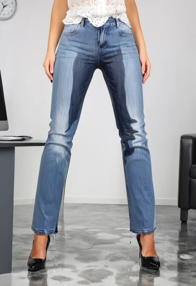 attractive blonde woman wearing flared leg jeans, platform pumps, white blouse, standing in an office, wetting, big smile, pee stains are gleaming wet, jeans soaked with pee, full view