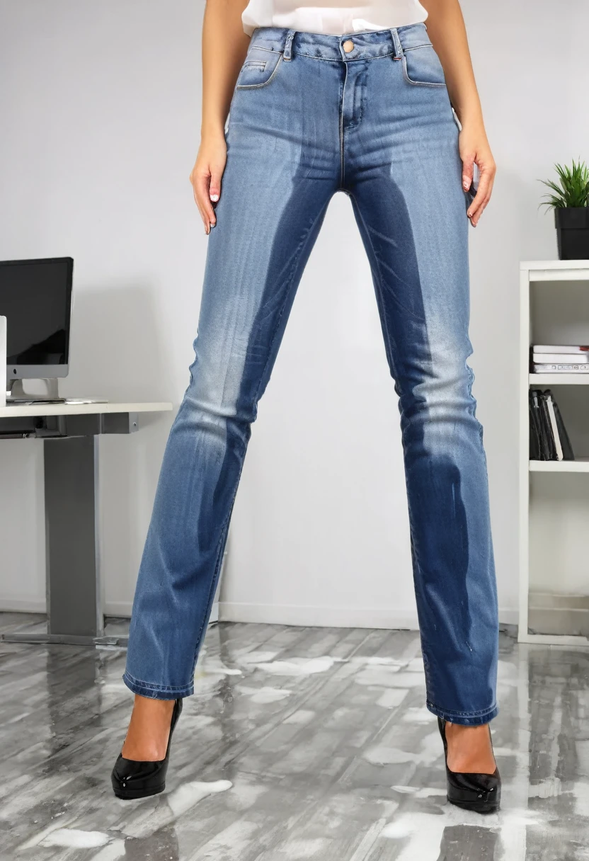 attractive blonde woman wearing flared leg jeans, platform pumps, white blouse, standing in an office, wetting, big smile, pee stains are gleaming wet, jeans soaked with pee, full view