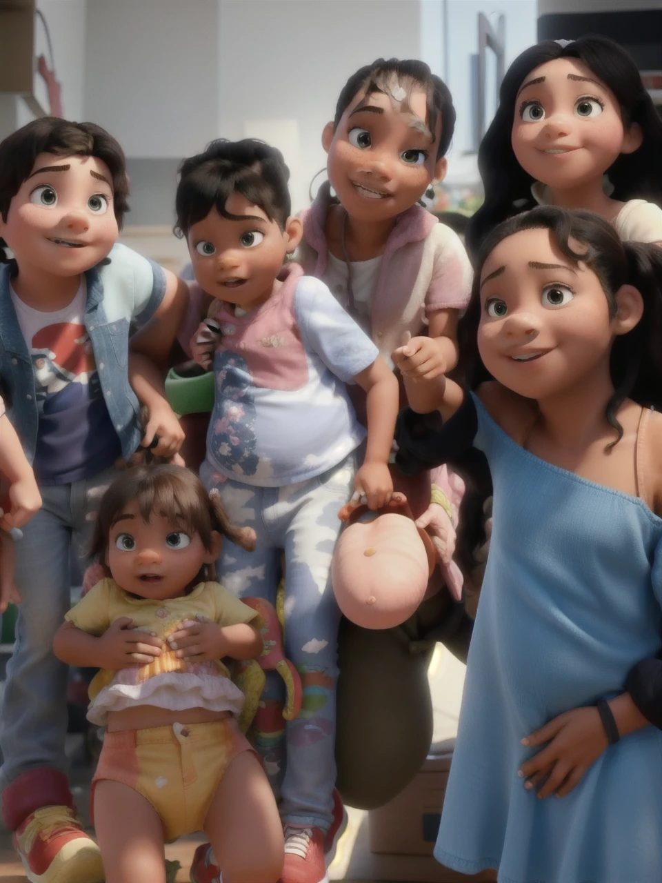 2 teenage girls, 2 toddler girls, 1 toddler boy, 1 baby boy  