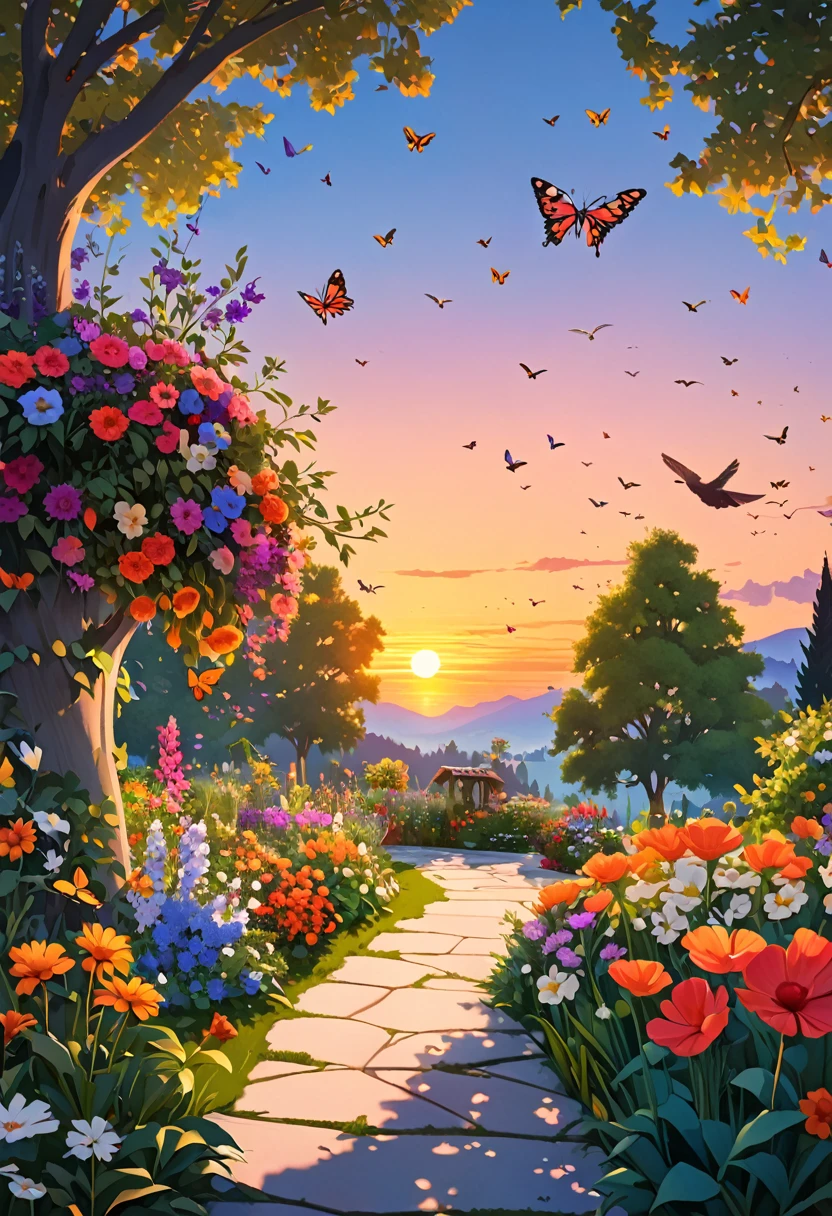 A garden with all types and colors of flowers.  ,,Swiss style , quality art, 8k ,Alone, At dusk ,butterflies and birds octane , tree, sunset,detailed 