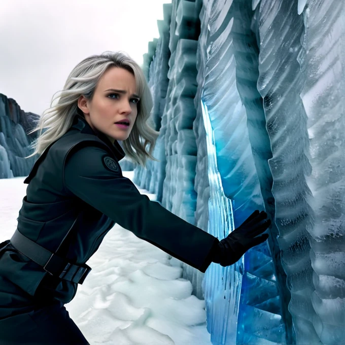 A professional visual FX shot featuring Giant Wall of Ice - Massive Ice Barrier Kay Panabaker - White Hair photographed posing Slightly Twisted Torso, Hands Behind Back