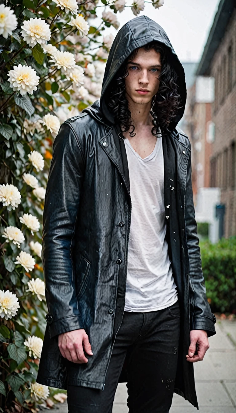 A young man, 24 years old, tall, with long forgotten black curls of hair and gravely ashen skin, dark blue eyes  , in a heavy black leather coat with a hood covering part of his face  , black pants , white shirt with flowers