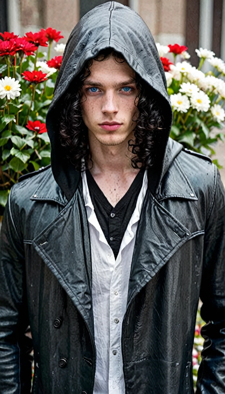 A young man, 24 years old, tall, with long forgotten black curls of hair and gravely ashen skin, dark blue eyes  , in a heavy black leather coat with a hood covering part of his face  , black pants , white shirt with flowers