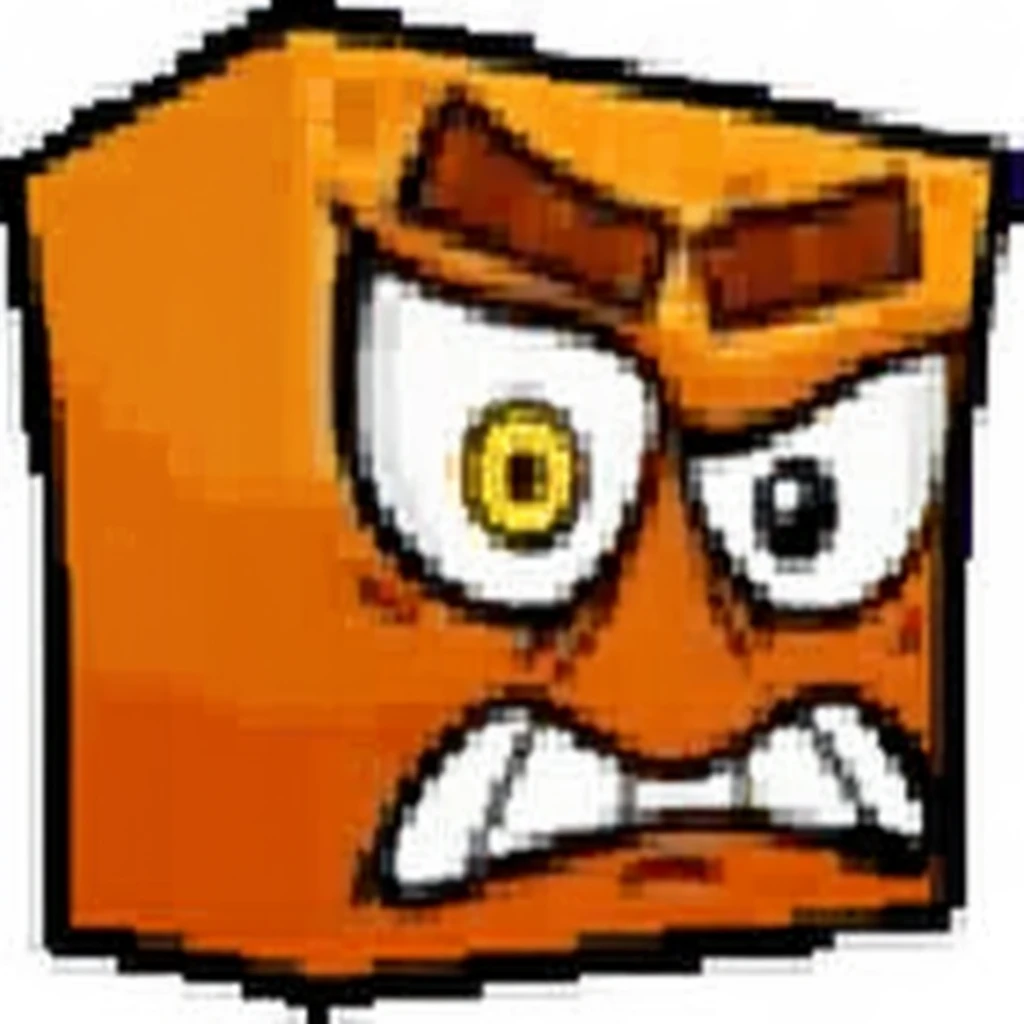 Make the character from the image (an angry orange cube floating around frowning) in another style, similar al toon