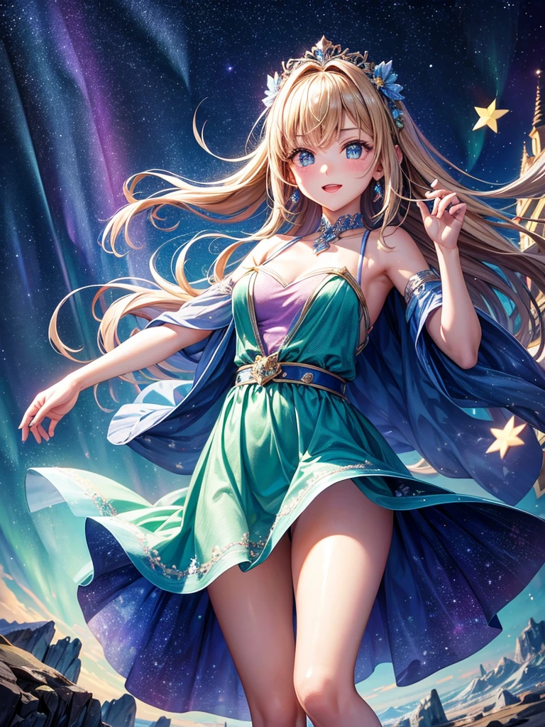 Highest quality,Highest Resolution,A beautiful girl makes a wish on a shooting star,Night Sky,Aurora,