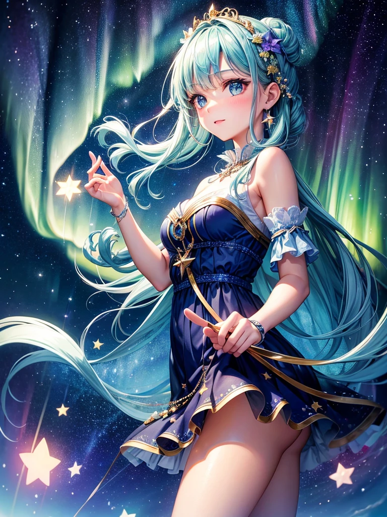 Highest quality,Highest Resolution,A beautiful girl makes a wish on a shooting star,Night Sky,Aurora,