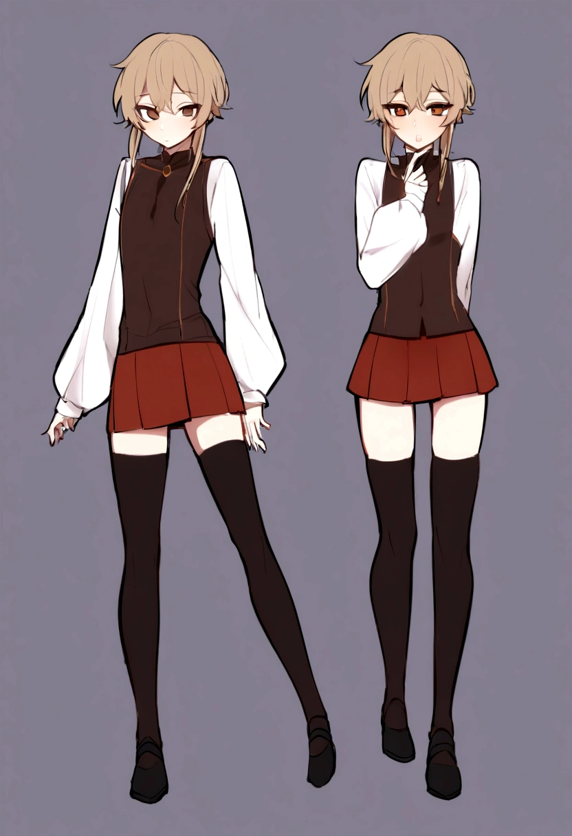 femboy, 23 years old, he has long and light brown hair, which frames his androgynous face. His large, brown eyes are warm and expressive. His slim figure stands out for his thick and well-turned legs, which he enhances with short skirts, tight shorts and high stockings. His style merges masculine and feminine elements, full body