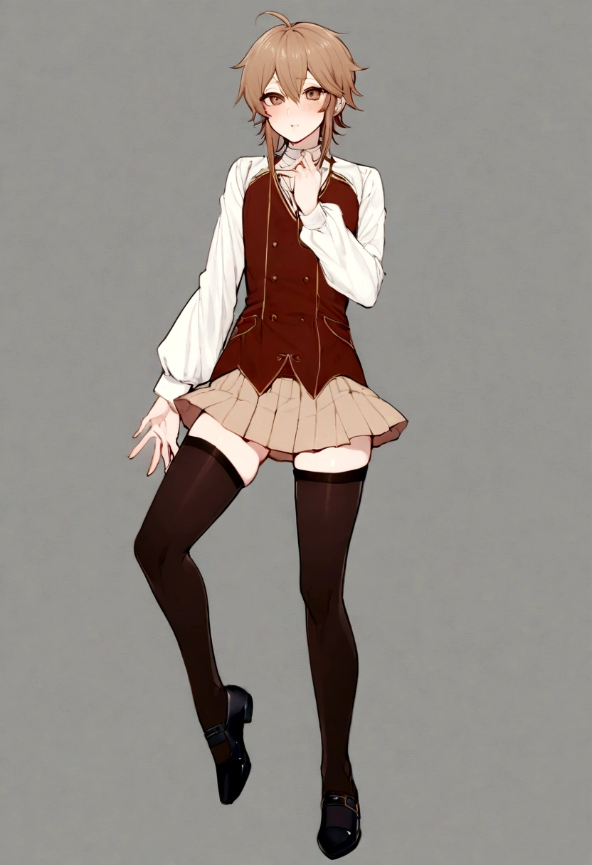 femboy, 23 years old, he has long and light brown hair, which frames his androgynous face. His large, brown eyes are warm and expressive. His slim figure stands out for his thick and well-turned legs, which he enhances with short skirts, tight shorts and high stockings. His style merges masculine and feminine elements, full body